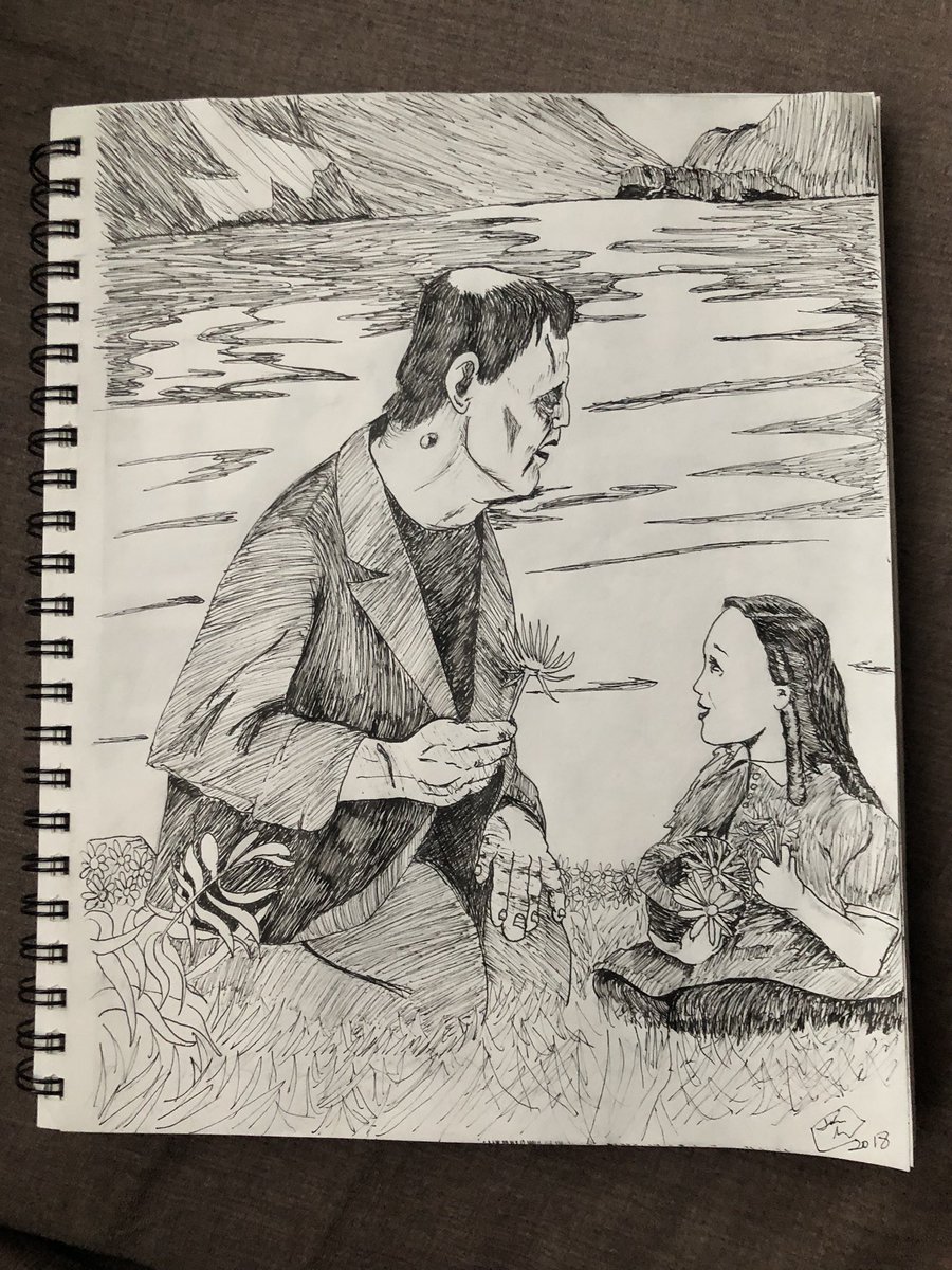johnmarianony's tweet photo. #inktober Day Two: #tranquility #tranquil #frankenstein #monster #universalstudios #lake #girl #pickflowers #flowers #boriskarloff #drawing #sketch https://t.co/5dPDGBznUe