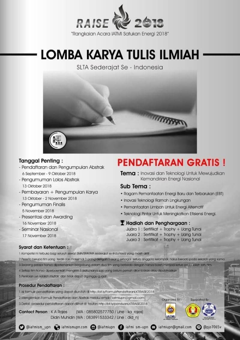 IATMISM_UPN's tweet photo. [Lomba Karya Tulis Ilmiah RAISE 2018] 

Hello, future engineer!
Kompetisi yang sangat ditunggu telah tiba. RAISE 2018 mengadakan Lomba Karya Tulis Ilmiah yang sangat bisa untuk kalian ikuti, khususnya siswa/i SMA sederajat se-Indonesia! https://t.co/yQrEYO6ClT