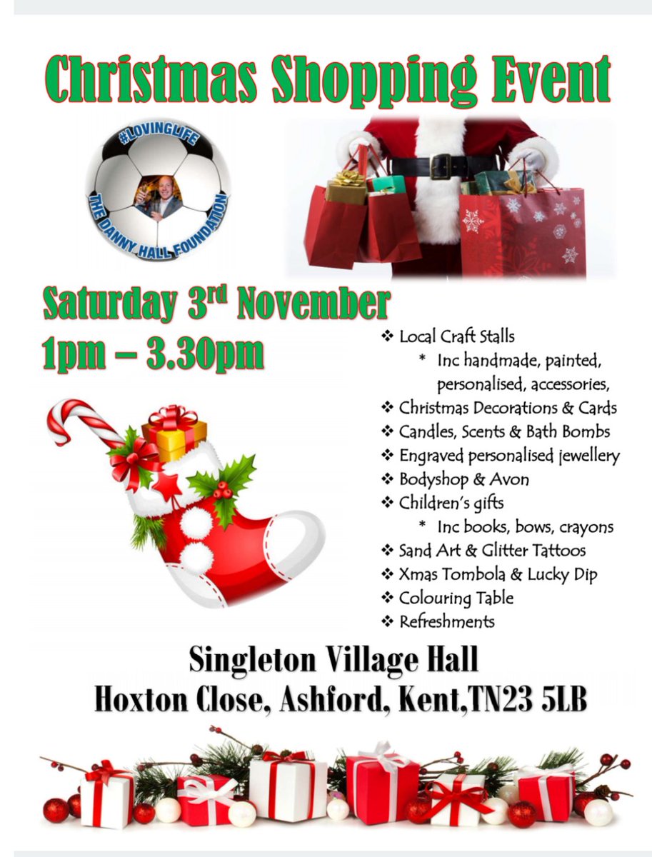 DannyHallFND's tweet photo. Pop along Sat 3rd Nov at Singleton Village Hall! Lots of stalls to browse and purchase from aswell as fun things to keep the kids occupied. 

#christmasshopping #ashfordkent #singletonvillagehall #lovinglife https://t.co/vhp99FeQH5