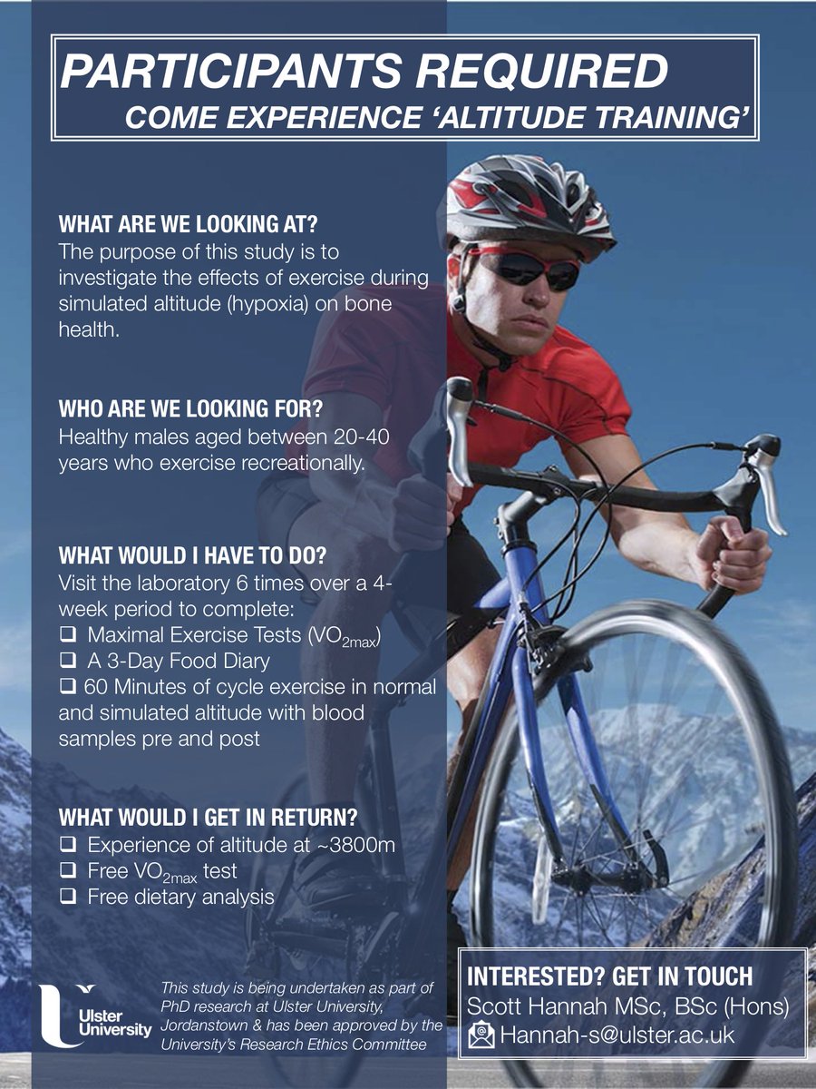 Scott_Hannah_'s tweet photo. Participants needed 🚴‍♂️🔬🦴: We are looking for healthy males aged 20 - 40 who would like to experience 'altitude training'! Testing includes free VO2max test. If interested please contact me at: hannah-s@ulster.ac.uk https://t.co/zmgjlKHIy4