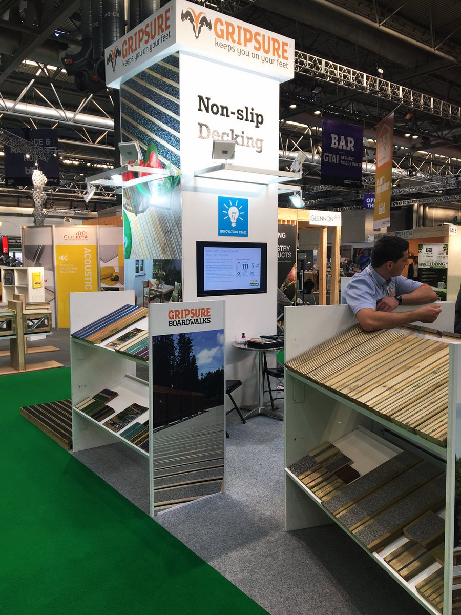 GripsureUK's tweet photo. Day 2 at @TimberExpo you can find Gripsure at Stand T320 for all your non-slip decking requirements from softwoods to hardwoods as well as composite and modified timber. We look forward to welcoming you on the stand! #UKCW #timber #decking #nonslipdecking #accoya #ecodek #medite https://t.co/XYU46GApt7