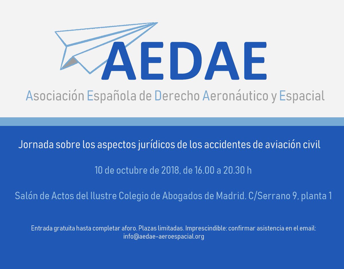#ÚLTIMASPLAZAS para la Jornada sobre los aspectos jurídicos de los accidentes de aviación civil de la #AEDAE que tendrá lugar #hoy de 16.00 a 20.30 h en el <a href="/icam_es/">Ilustre Colegio de la Abogacía de Madrid</a> Inscripciones y programa: bcvlex.com/jornada-los-as…
