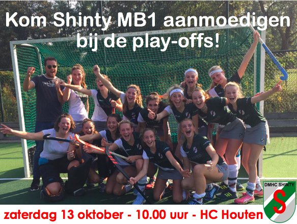 Zaterdag 13 oktober om 10 uur strijdt Shinty Meisjes B1 tegen Soest MB1 voor een plek in de sub-topklasse op HC Houten. Het belooft een spannende wedstrijd te worden. Dus trek toeters, bellen en spandoeken uit de kast en kom allemaal naar Houten om onze meiden aan te moedigen!