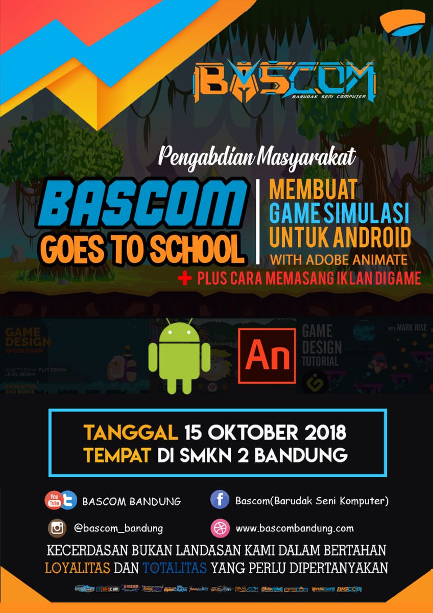 bascombandung's tweet photo. Hi guys. Welcome back
Ini nih jawaban dr pertanyaan coming soon lalu
Yap, BASCOM "Goes to School" kali ini akan dilaksanakan pd hari Senin, 15 Oktober 2018 di  SMK Negeri 2 Bandung dengan judul Membuat Game Simulasi Untuk Android with Adobe Animate + cara memasang iklan di game. https://t.co/CDOQbKhN9v