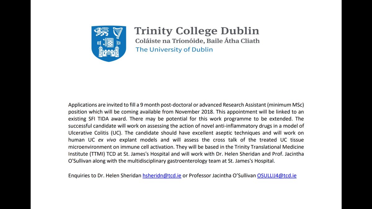 All RTs welcome! 
Come work with us!!!! We are a lovely bunch after all :) <a href="/TCDTMI/">TTMI - Trinity Translational Medicine Institute</a> <a href="/tcddublin/">Trinity College Dublin</a> <a href="/stjamesdublin/">St James's Hospital</a>  #jobfairy