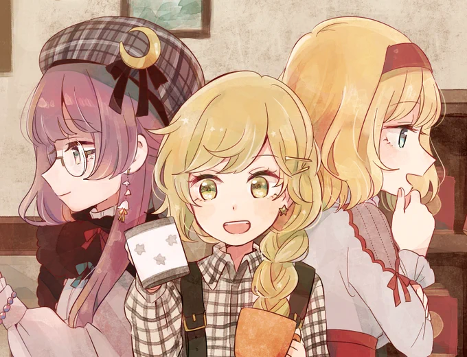 coaさん(@chroo_x)主催の東方秋冬服合同に寄稿させて頂きました。秋チェック柄な三魔女ズ描いてます?秋季例大祭、スペース【し14a】で頒布とのことです!ぜひぜひ? 