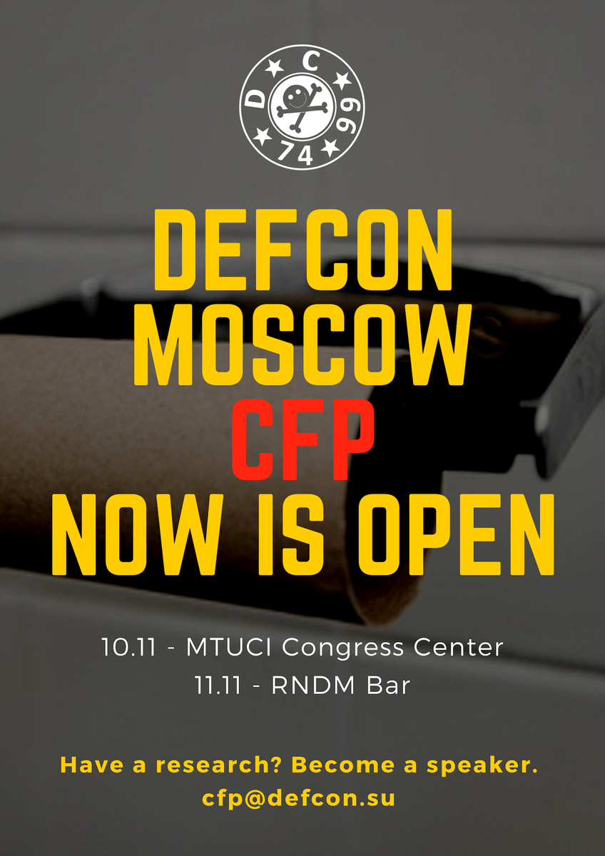 DC7499's tweet photo. The fifteenth @DC7499 meeting is scheduled for November 10 and 11.
On 10th of November #DEFCONMoscow will be located in the Congress Center of #MTUCI with the Main Track in the large hall, and smaller hall marked as "let's do it quick" (Fast Track) taking 15-20 minutes #DEFCON https://t.co/bQ7hf6edpE