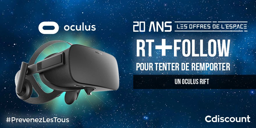 Cdiscount's tweet image. 🎁 #Concours 

👌 À gagner pour les 20 Ans de Cdiscount : Casque de réalité virtuelle @OculusRift + 2 manettes Touch

👉 bit.ly/2PqFwz4

🔸 Pour tenter votre chance : 
RT + Follow @Cdiscount

☑️ TAS 17/10

#PrevenezLesTous