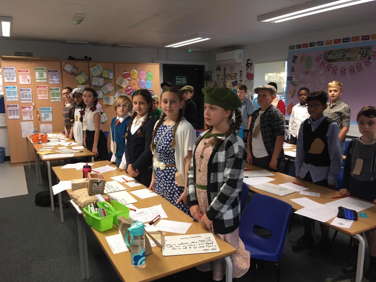 StanleyPrimary's tweet photo. Year 6 are having WWII day today.  They have turned back the clocks and are following the instructions from their very strict teachers!  They will be having spam and jam sandwiches at the street party this afternoon 🎊 https://t.co/qJICIsejqV
