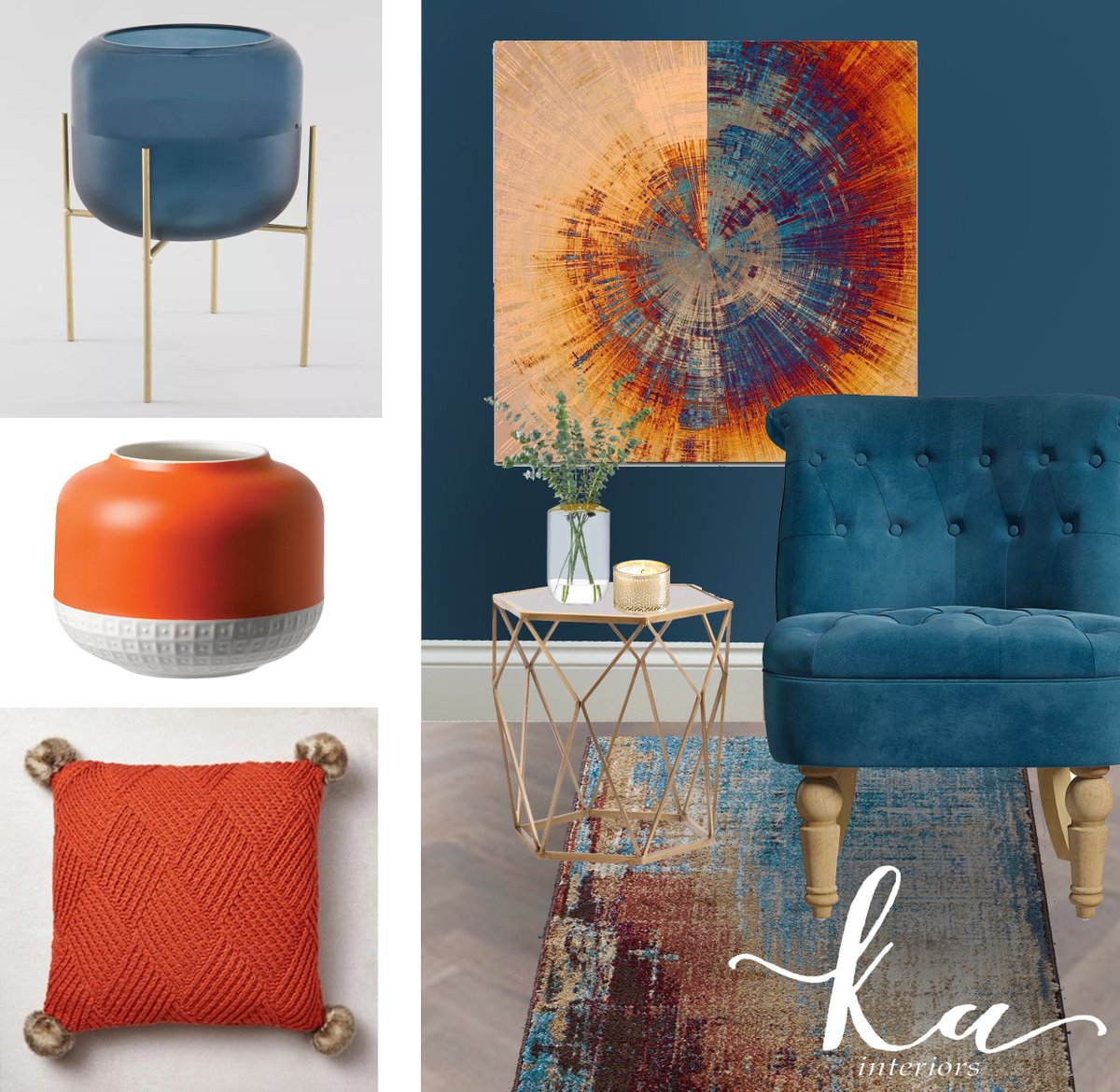 It’s time to get cosy with these beautiful deep blues and burnt oranges. 
#interiordesign #onlineinteriordesign #cosy #warmthforwinter #orange #blue #gold #depthoftones #chair #cushions #artwork #schemes #visuals #inspiration
