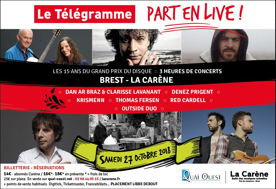 Bout_du_Monde's tweet photo. @LeTelegramme part en live ! 
RDV le 27 octobre à @LaCarene pour célébrer les 15 ans du Grand Prix du Disque. 
3H de concerts avec : #DenezPrigent #ThomasFersen @Outsideduo #RedCardell  @Krismenn #DanArBraz et #ClarisseLavanant 
plus d'info sur https://t.co/O3P2gvRx9d https://t.co/wzGx7bX8Jz