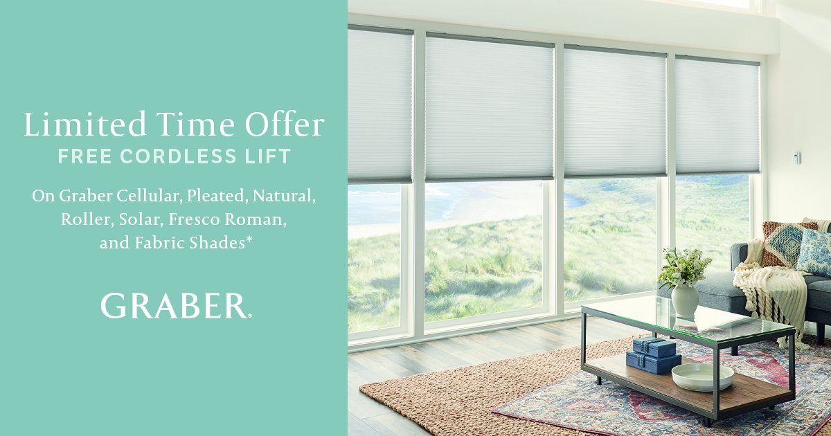 InHomeDesignCtr's tweet image. From August 16 – November 16, receive a complimentary upgrade to cordless
lift on select Graber Cellular, Pleated, Natural, Roller, Solar, Fresco Roman, and Fabric Shades. Contact our showroom at 978-504-2054 for more information! #Graber #freecordlesslift #windowtreatments
