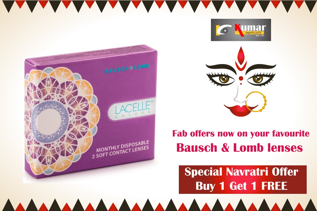 Avail Navratri FESTIVE OFFER from Kumar Opticals – Buy one Bausch + Lomb Lacelle Colour Contact Lenses and get another one absolutely FREE!Offer valid till stocks last! #colouredlenses #bauschnlomb #festiveoffers #everydaystyles #opticalvariety #sunglares #sunglasses