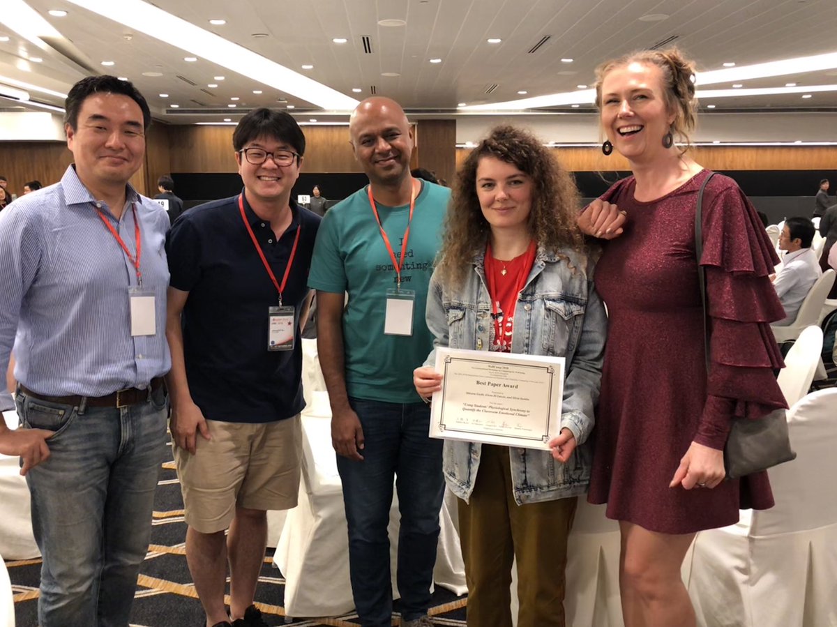 TadashiOkoshi's tweet photo. #WellComp2018 Best Paper Award goes to “Using Students’ Physiological Synchrony to Quantify the Classroom Emotional Climate” by Shkurta Gashi, Elena Di Lascio and Silvia Santini (Università della Svizzera Italiana (USI)). Congratulations! #ubicomp2018 https://t.co/g0U76KjqN1