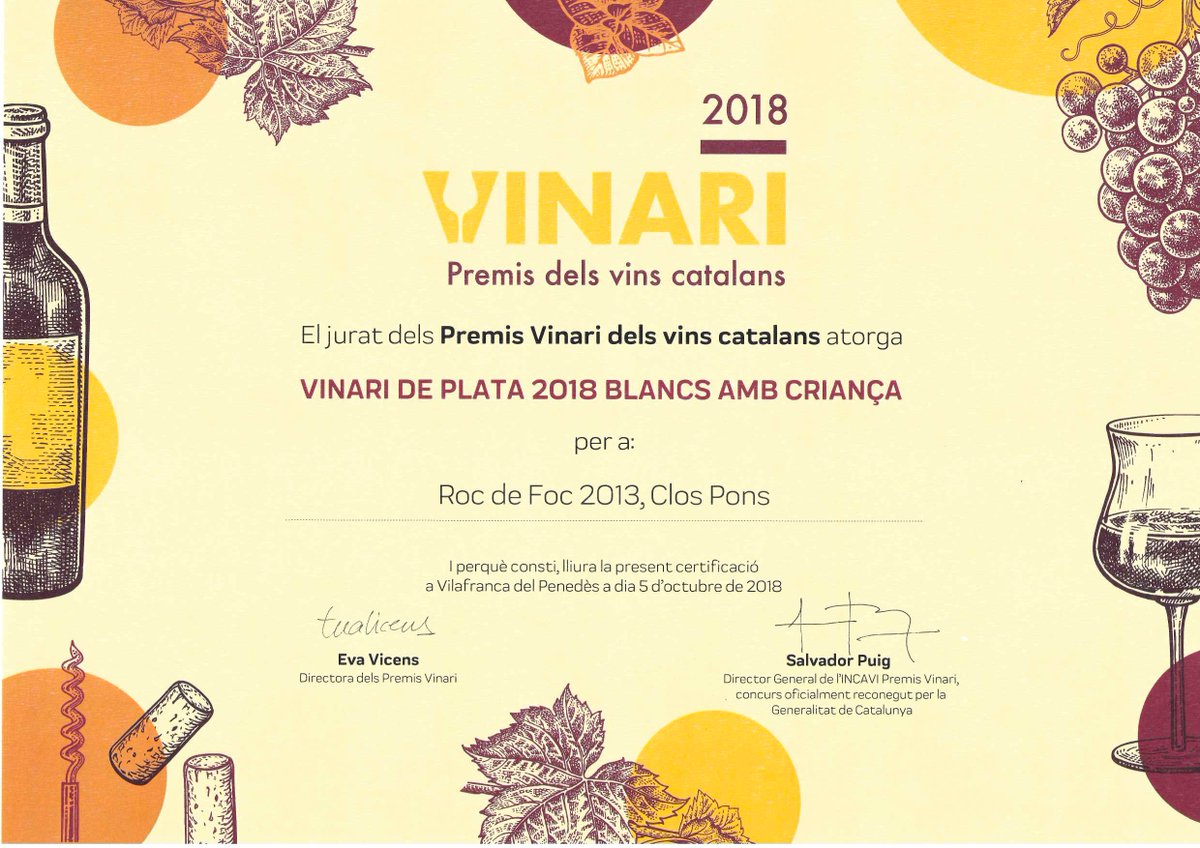 🏆 Vinari de Plata 2018 Blancs amb Criança 🏆
Roc de Foc 2013, va ser guardonat el passat divendres al certamen dels premis Vinari 2018 com a segon millor vi blanc amb criança de Catalunya situant-lo com un referent de tota Catalunya. #vicatalà #Vinari18 #ClosPons <a href="/PremisVinari/">Premis Vinari</a>
