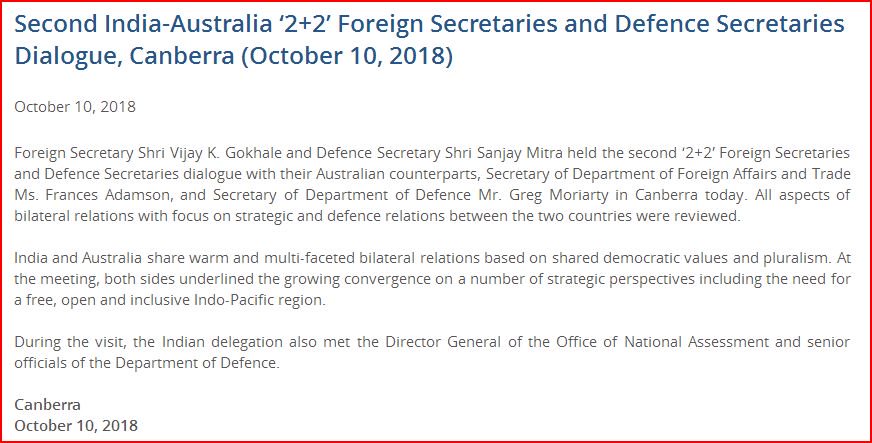 ChowkidarKim's tweet image. Press Release of Second India-Australia ‘2+2’ Foreign Secretaries and Defence Secretaries Dialogue, Canberra (October 10, 2018).
#India #Australia #2Plus2