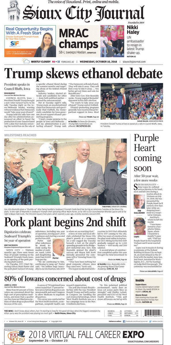 scj's tweet photo. Today's @scj - @STFIowa 2nd shift, Purple Heart wait, @SBLWarriorVB sweeps @vballheelan for title, #SignatureChef, @sblpride Metro Athlete, Nature Center repairs, @KimReynoldsIA visits @siouxcityschool Career Academy, @briar_cliff homecoming and more at https://t.co/ISTj6C0uCs https://t.co/Q2iaeiRXXN