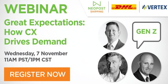 ShannonYeagley's tweet photo. With #ecommerce growing at 9.7%, retailers who succeed in orchestrating great #CX journeys will reap the benefits. Join @vertexinc, @DHLexpress, @proshipinc &amp; @NeopostShipping on 11/7 to learn how retailers can respond to these demands. #GreatExpectations https://t.co/kMa7mXVmi4 https://t.co/22C3n1ZJYS