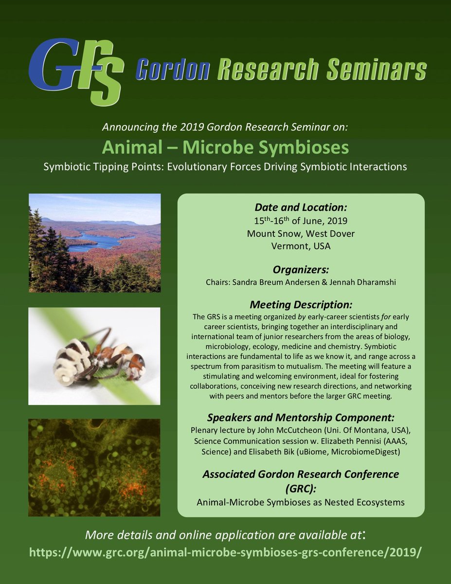 We have a great lineup of speakers for the GRS and GRC on animal-microbe symbioses. Check out the programs and register! The GRS is for early-career scientists and great for networking and presenting your work to a friendly crowd grc.org/animal-microbe…  grc.org/animal-microbe…