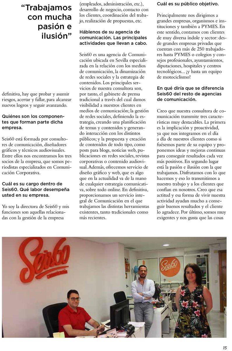 seis60's tweet photo. ¡La revista @PYMESMagazine publica una entrevista a @alicasado, directora de la #agencia de #comunicación andaluza @Seis60, en su número de este mes de octubre🗞!

¡Gracias por la información! ♥ Nos ha encantado. También en digital aquí ➡ https://t.co/1ePy4ijd69
#Sevillahoy https://t.co/6PXuZIBHUP