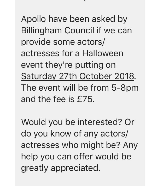 es_drama's tweet image. ACTING OPPORTUNITY! Please have a look and contact Apollo Arts on 01642 742120 for more info... 🎭 #Halloween #ApolloArts 🎃👻