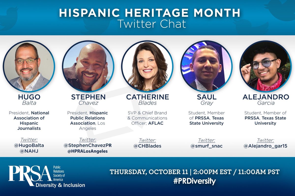 Join us TOMORROW for our #PRdiversity Twitter Chat in recognition of #HispanicHeritageMonth. WHEN: Thursday, Oct. 11 @ 2p ET. Follow the hashtag #PRdiversity, tweet with us &amp; our guests <a href="/HugoBalta/">Hugo Balta 🤠</a> <a href="/stephenchavezpr/">Stephen Chavez</a> <a href="/CHBlades/">Catherine Blades</a> @Smurf_snac <a href="/alejandro_gar15/">Alejandro R. Garcia</a>   #PRSAICON #PRSSANC