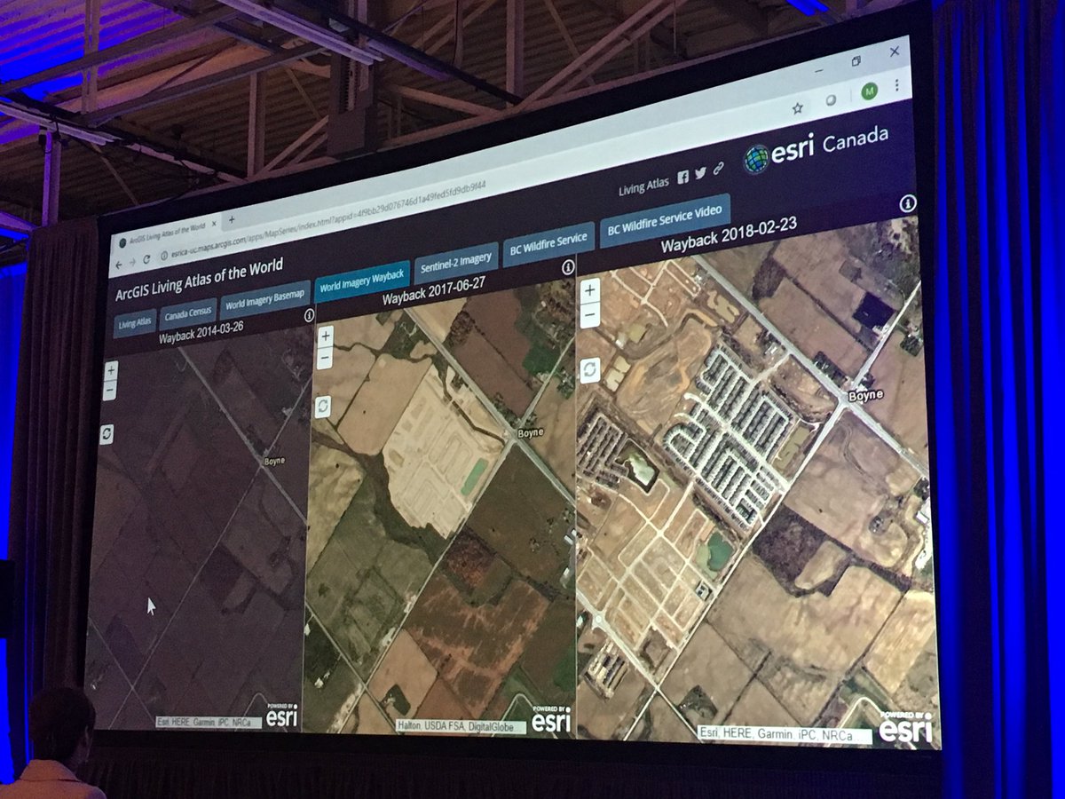 adam_fox's tweet photo. #EsriCanada’s @markiepooho going #WaaaayBack using the Living Atlas of the World #EsriCanadaUC https://t.co/eZ8KQfCgza