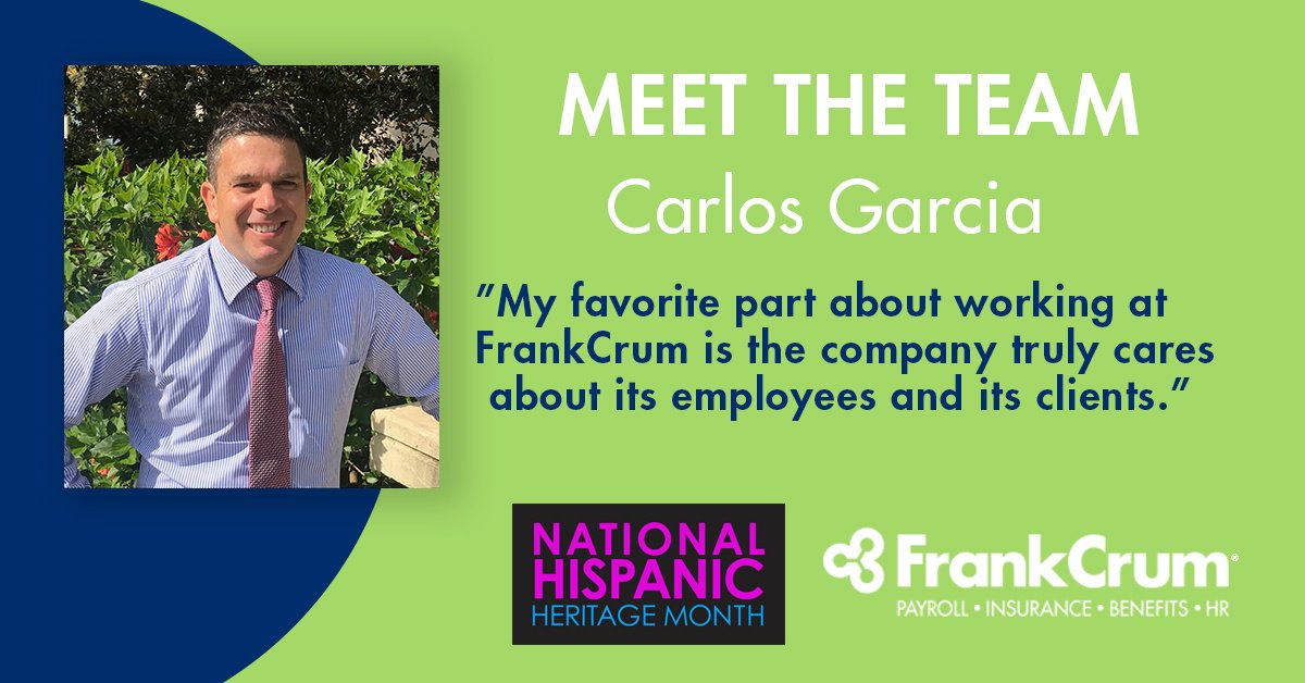 During Hispanic Heritage Month, we’re introducing you to FrankCrum employees with Latin heritage. In today’s #workherewednesday, meet Business Consultant Carlos Garcia from Colombia. Click here to read more about Carlos: bit.ly/2OHjaw9