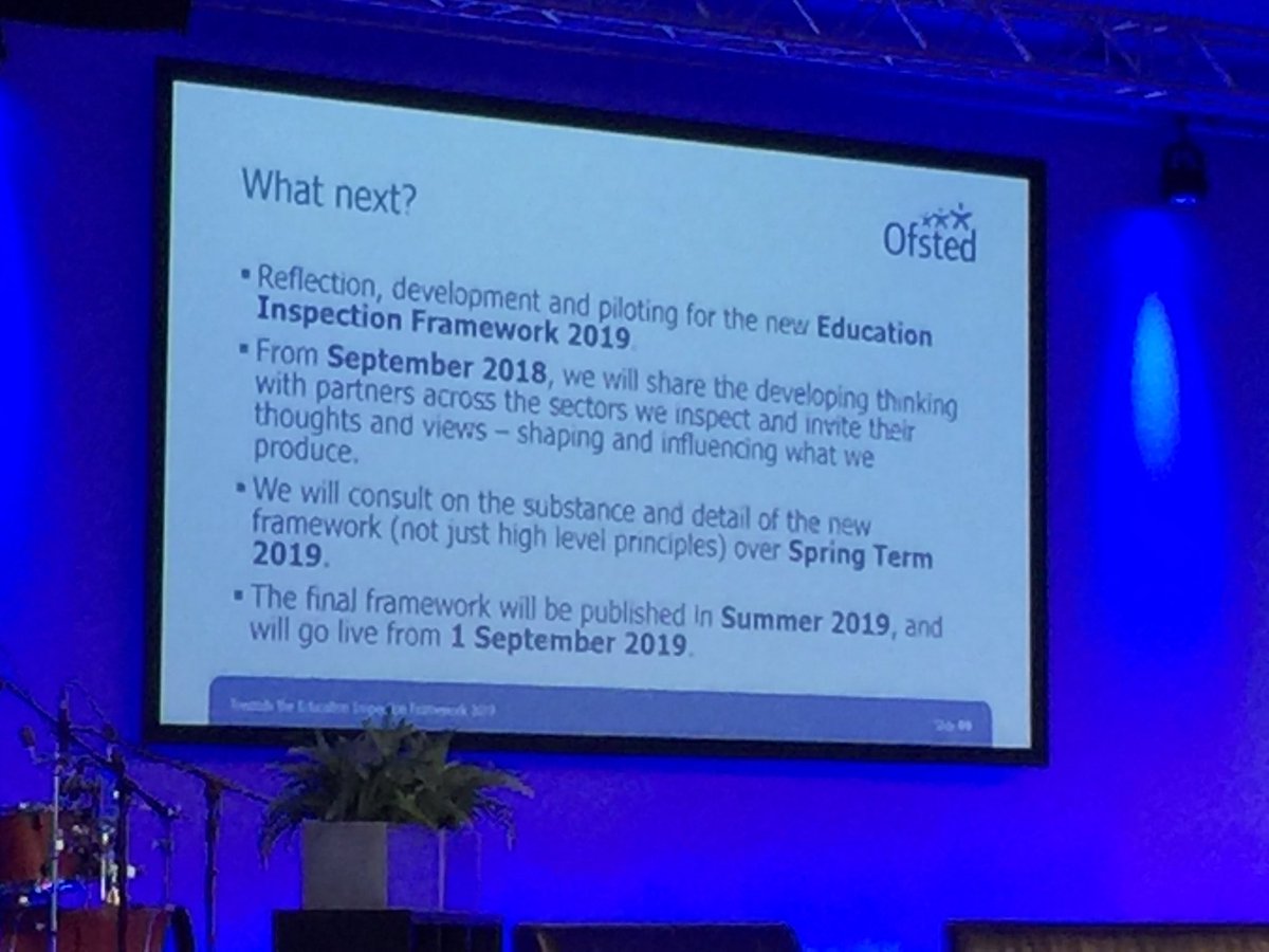 Chris Jones from #Ofstednews talking about the next steps towards the new inspection framework ‘hopefully it will be published in June and will go live from September 2019’ #App4eng