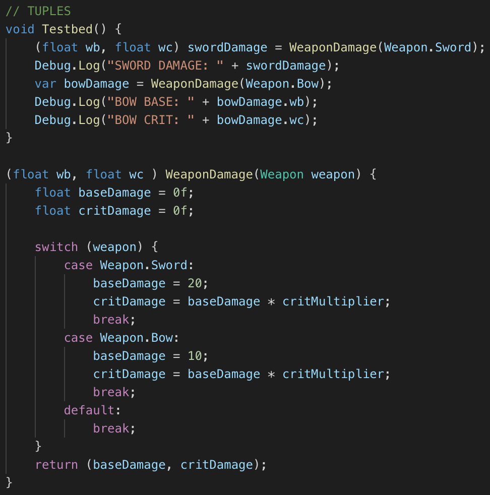 fizzymouse's tweet image. #unitytips #csharp7 Streamline your code in Unity 2018.3 (Beta) You can now return multiple values from a method as individual elements (named or unnamed) in a single tuple value.