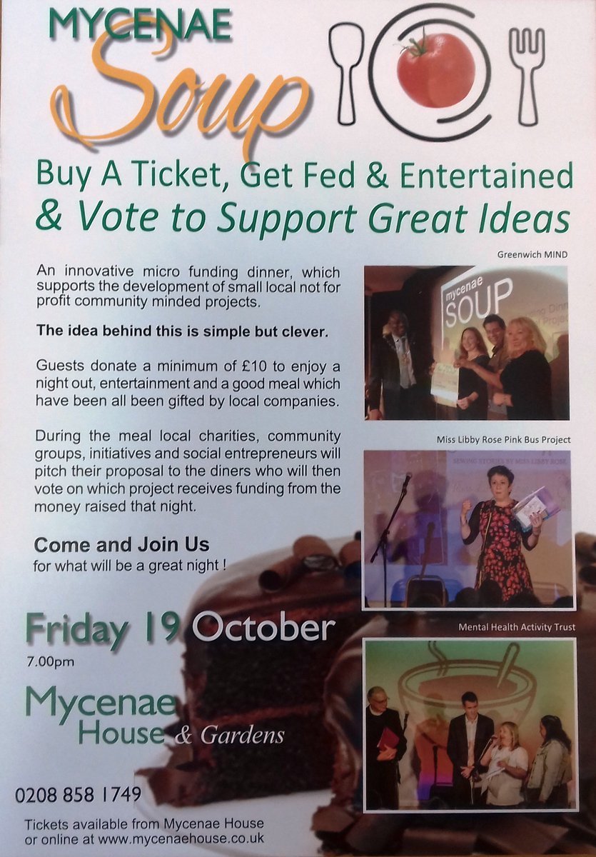 MycenaeHouse's tweet photo. The projects have been selected &amp; we need YOU to come &amp; vote for your favourite one! 
Reserve your place for @MycenaeSoup now via https://t.co/6s6wZZNFqt or t: 020 8858 1749
Be fed, entertained, hear the pitches then vote for your favourite to win the money raised! #Greenwich https://t.co/QsWKP7xvDV