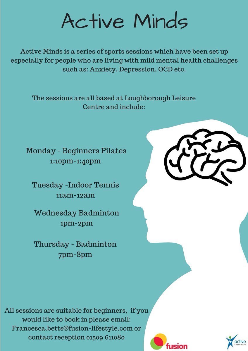 Loughborough_LC's tweet photo. On World Mental Health day it feels right to remind you of our 'Active Minds' Programme which is set up to over physical activity to people who are living with mental health in Charnwood #FusionSCD @ActiveCharnwood https://t.co/ynE6dV3uo9