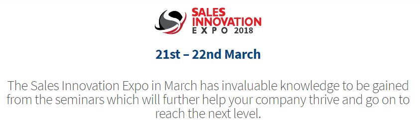 SalesInnovExpo's tweet photo. According to  @Salespresenter1 #SIE18 is in the top ten expos for 2019 - providing "invaluable knowledge ... which will further help your company thrive &amp; go on to reach the next level" 🤩
Want to be part of this amazing event? Contact Nic.Tregenza@prysmgroup.co.uk /
01872 218007 https://t.co/VeKCYLY4TP