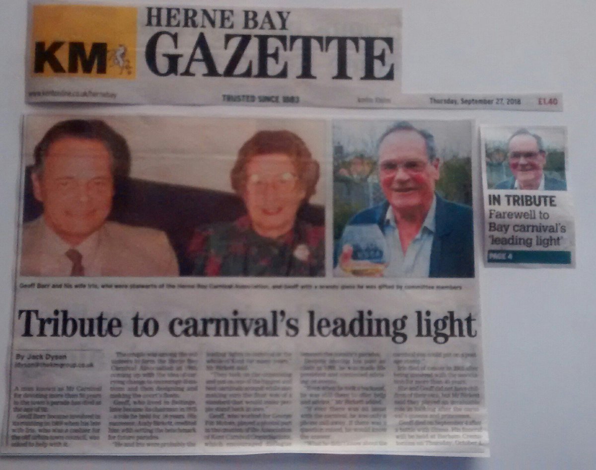 HBCarnival's tweet photo. Nearly a week on since the funeral of our President, we'd like to thank the #HerneBayGazette @HerneBayGazette for their article on Geoff Barr Esq who we sadly lost on 4 September.
#RIPGeoff https://t.co/Rg8TDo9Qpc