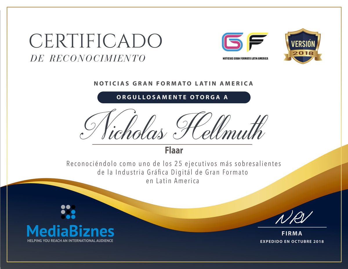 NGranFormato's tweet photo. Felicitamos a Nicholas Hellmuth #Flaar, por su elección dentro de los 25 ejecutivos mas sobresalientes de la industria gráfica digital de Gran Formato en América Latina.
.
#granformato #plotters #impresión #printing #wideformat #noticiasgranformatolatinamerica https://t.co/GvpncRtPQH