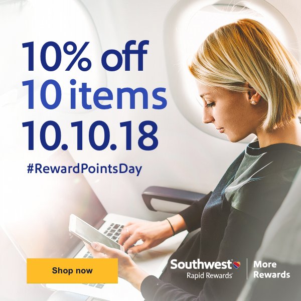 SouthwestAir's tweet photo. Today is #RewardPointsDay, and you can use your Rapid Rewards points to purchase various items. To learn more and shop: https://t.co/XClEQOIel0. https://t.co/gZ7nHl02AT