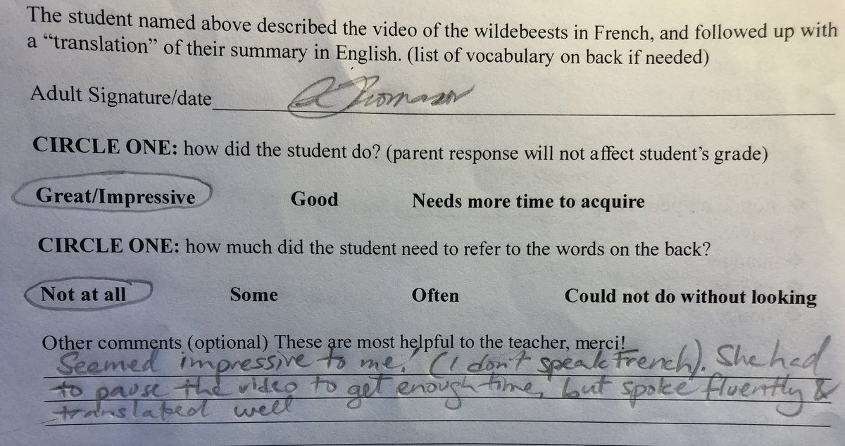 madamelitten's tweet photo. #feelinglikearockstar Parent feed-back after 6th graders’ first MT homework. (The last one is my favorite, as this student has NEVER had a language before!) #ciforthewin #tprs https://t.co/Ch6BaezKEU