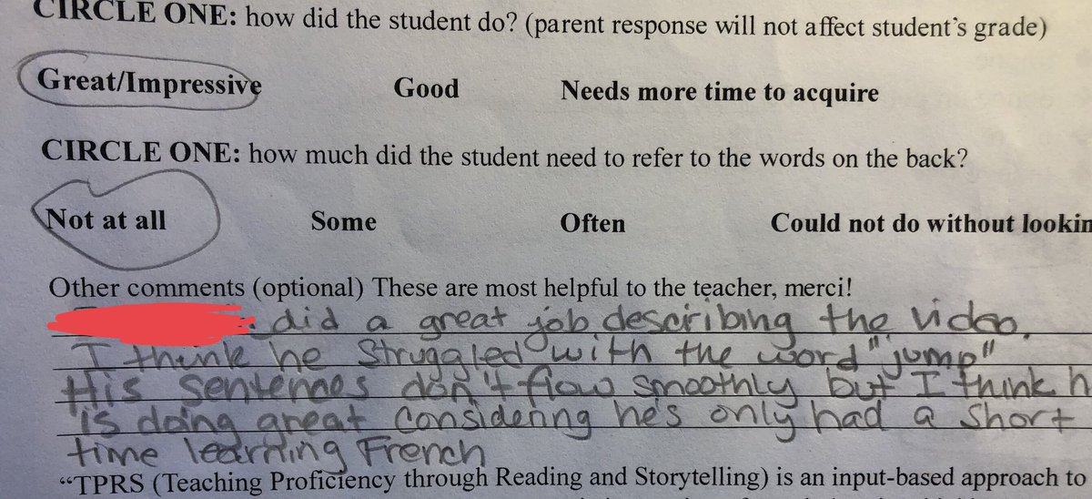 madamelitten's tweet photo. #feelinglikearockstar Parent feed-back after 6th graders’ first MT homework. (The last one is my favorite, as this student has NEVER had a language before!) #ciforthewin #tprs https://t.co/Ch6BaezKEU