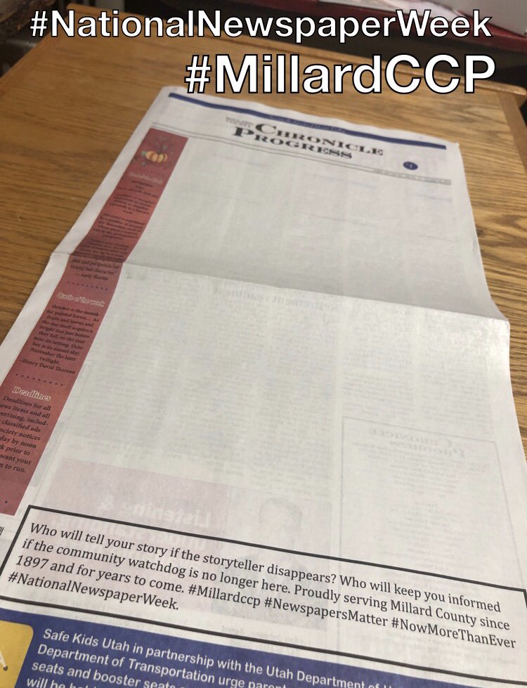 <a href="/newsalliance/">News/Media Alliance</a> Currently part of the Millard County Chronicle Progress team. Hometown daily newspaper is the Standard Examiner.
<a href="/Millard_CCP/">Chronicle Progress</a> <a href="/standardex/">Standard-Examiner</a> <a href="/shelrae1/">Shellie Dutson</a> <a href="/rhetttweets/">Rhett Long</a> 
#NationalNewspaperWeek #NewspapersMatter #NowMoreThanEver #MillardCCP #AdsWork
youtube.com/watch?v=wZRefs…