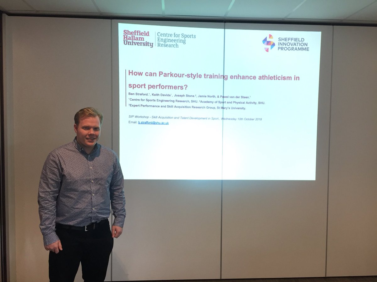 SportEng_SHU's tweet photo. Cracking to hear our newest #PhD #student @bwstrafford at our @CSER_SHU &amp; #AWRC #SIP #skillacquisition workshop! #parkour #donarsport #jigsawtime @SHDocSchool @SHU4Business https://t.co/VZhCOGXQLz
