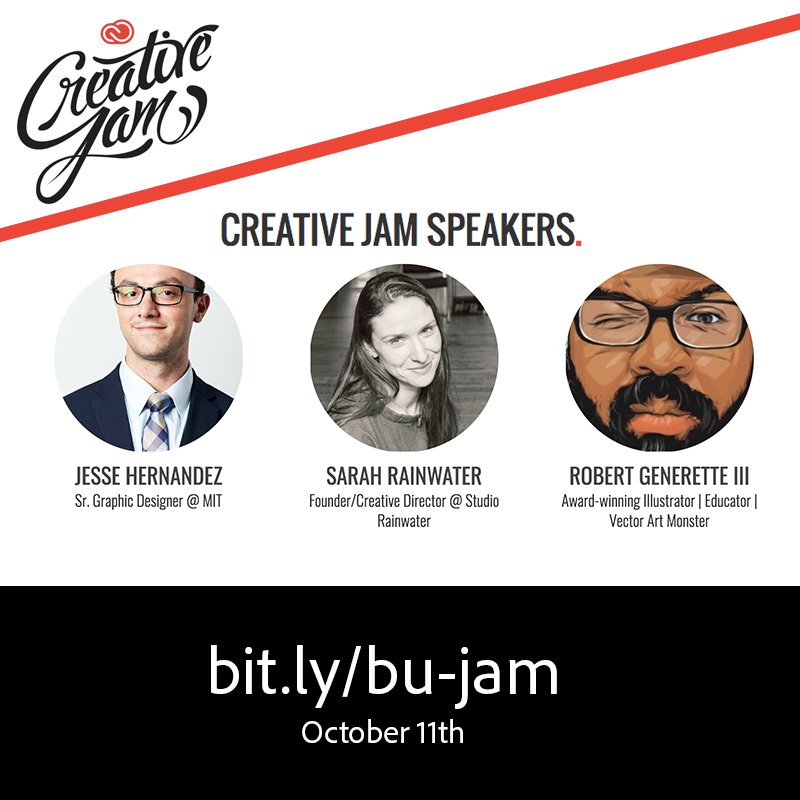 Tomorrow is the #CreativeJam on 10/11! Come see amazing #Design speakers <a href="/jessesans/">Jesse Sans</a> <a href="/sarahrainwater/">Sarah Rainwater</a> <a href="/Rob_Zilla_III/">ROB ZILLA III ⚡️</a> Don't miss an epic showdown! FREE event, food and fun! Sign up Now! spr.ly/6012DNAvj