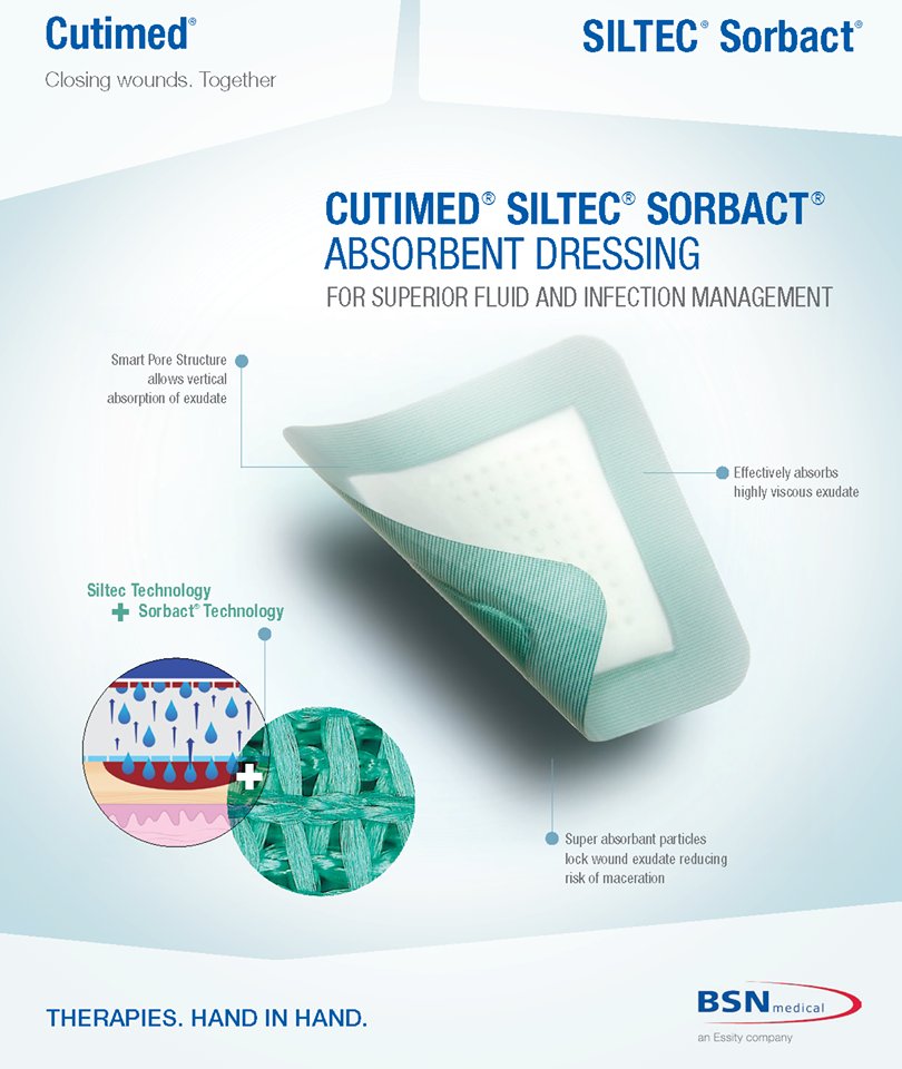 Cutimed® Siltec® Sorbact® is an innovative combination of absorption and effective infection management. The super-absorbent particles in the foam layer effectively adjust to absorb moderate to high, viscous exudate and retain it even under compression. hubs.ly/H0f4fsH0