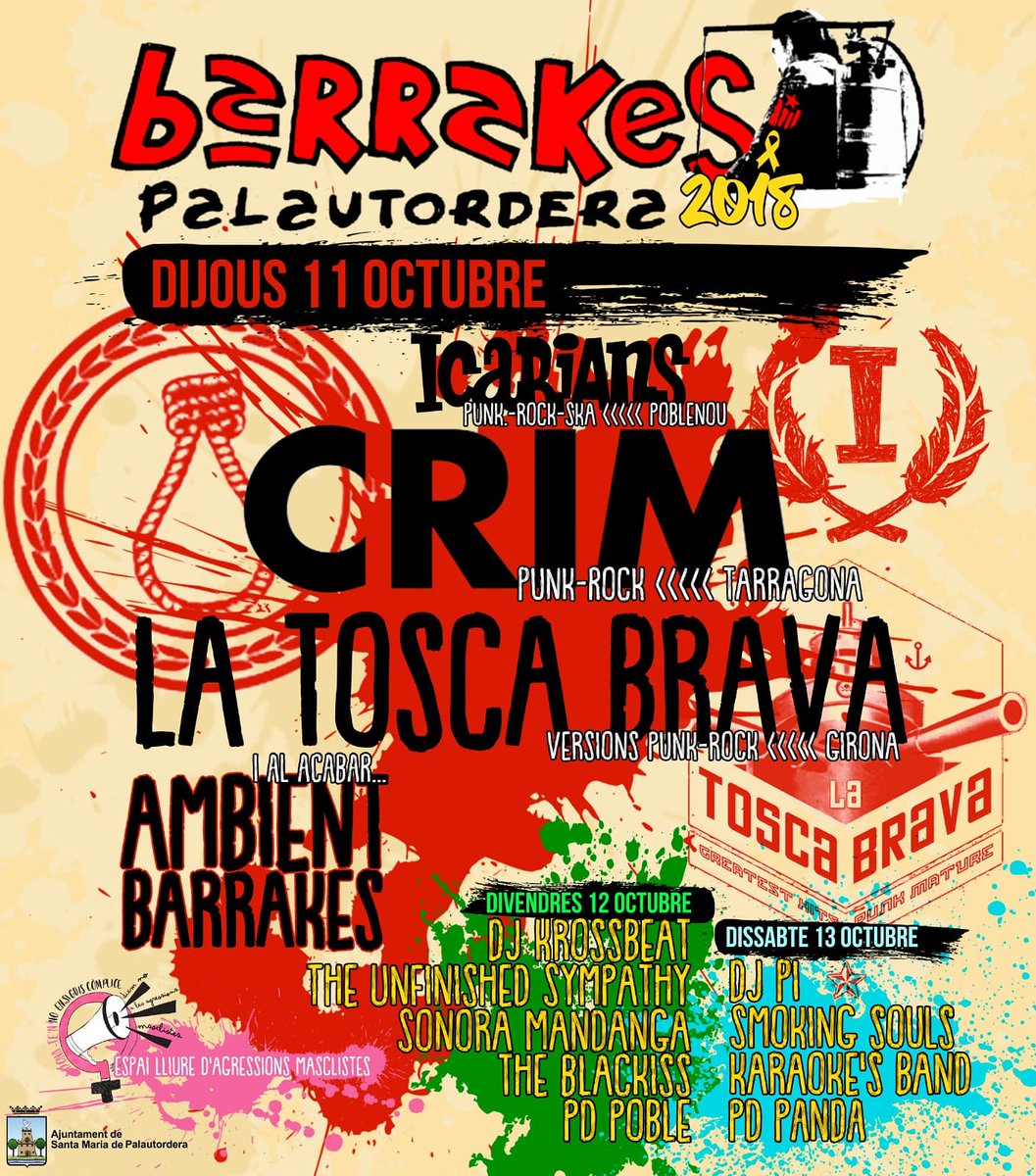 Demà 11 d'Octubre estarem a <a href="/BarrakesPalau/">Barrakes Palautordera</a> a les 23h per inaugurar les barraques d'enguany! Després tocaran els <a href="/CrimPunkrock/">CRIM</a>  i La Tosca Brava. No hi ha millor manera que aquesta per donar la benvinguda al 12-O.