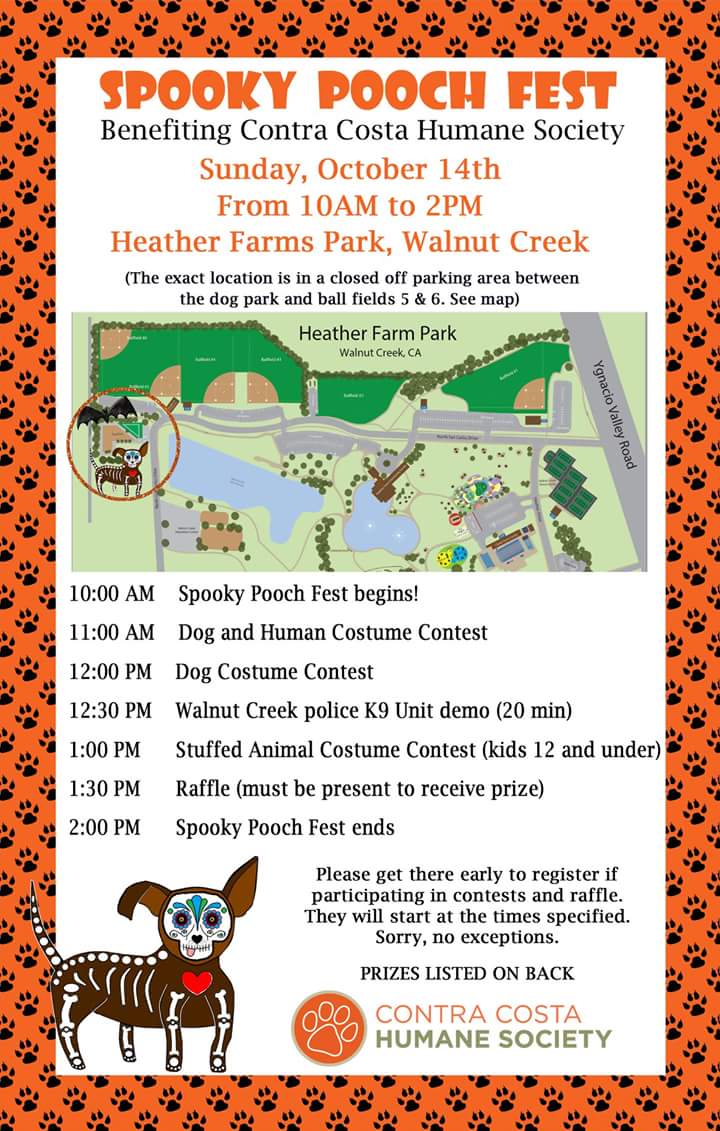 Please join our friends #ContraCostaHumaneSociety for their 1st Annual Spooky Pooch Fest on Sunday Oct 14, 2018 from 10A-2P at #HeatherFarmsPark  Bring you pet and join in the fun and prizes! #SpookyPoochFest