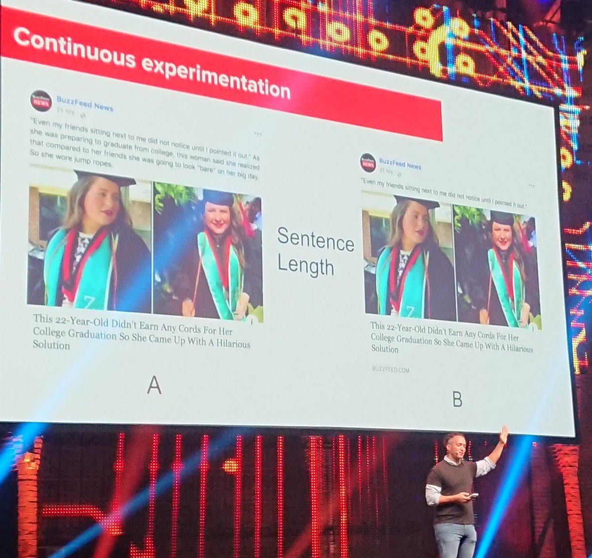 [ Live #wsai18 ] #Quiz Which is the most optimal sentence length in a web post ? A. Long and descriptive B. Short and concise. <a href="/gilgul/">Gilad Lotan</a> Head of Data Science <a href="/BuzzFeed/">BuzzFeed</a>
