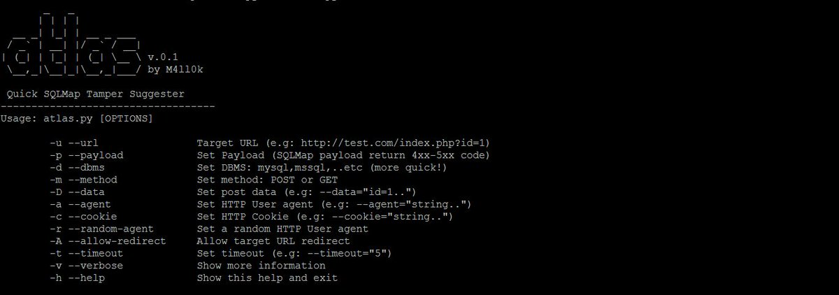 KitPloit's tweet image. Atlas - Quick SQLMap Tamper Suggester j.mp/2PrzP3G #Atlas #AutomaticSQLInjection #Hacking #Linux #Mac #Python #SQLInjection