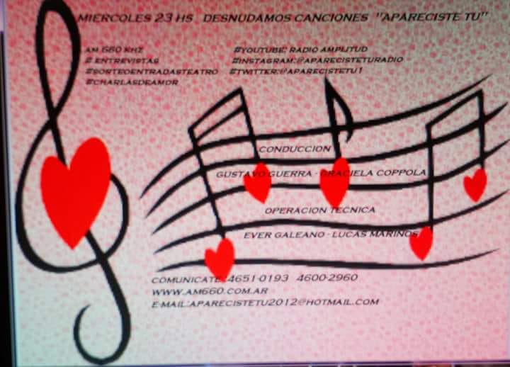 GustiGuerra's tweet photo. Hola Amigos,Esta Noche Desnudamos Canciones en Apareciste Tú 8va Temporada #Miercoles23hs x Amplitud660Khz https://t.co/AXwESoSAGa #SorteodeEntradasTeatro #CharlasdeAmor @aparecistetu1 https://t.co/7dTWCiJo5G