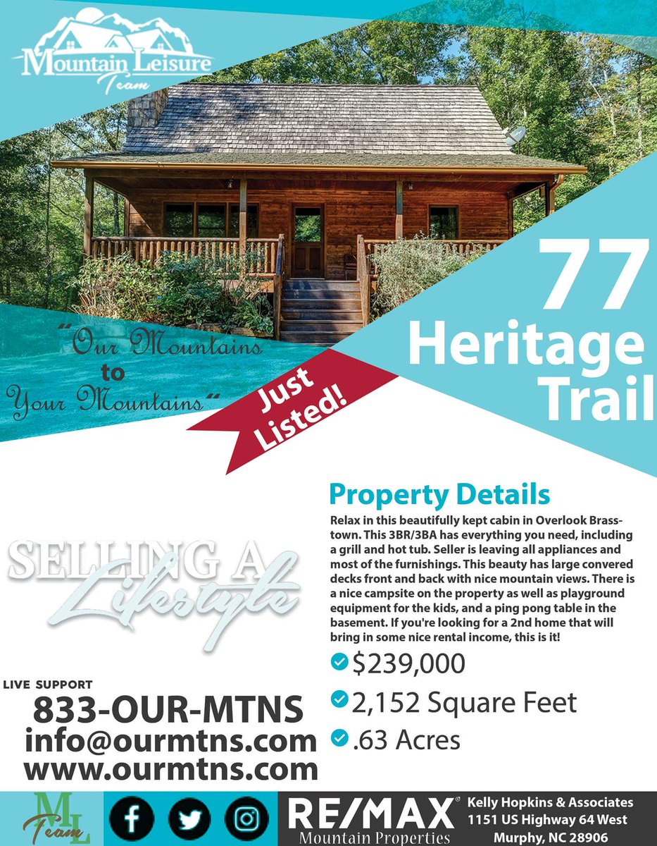 OurMtns's tweet photo. 77 HERITAGE TRAIL
MURPHY, NC 28906
Beds: 3 Baths: 3

https://t.co/7Xrbwa85KK

Relax in this beautifully kept cabin in Overlook Brasstown.

833-OUR-MTNS
info@ourmtns.com

#SellingALifestyle #OurMountaintoYourMountains #KellyHopkinsandAssociates #Remax #MountainLeisureTeam https://t.co/XECE8tz6DN