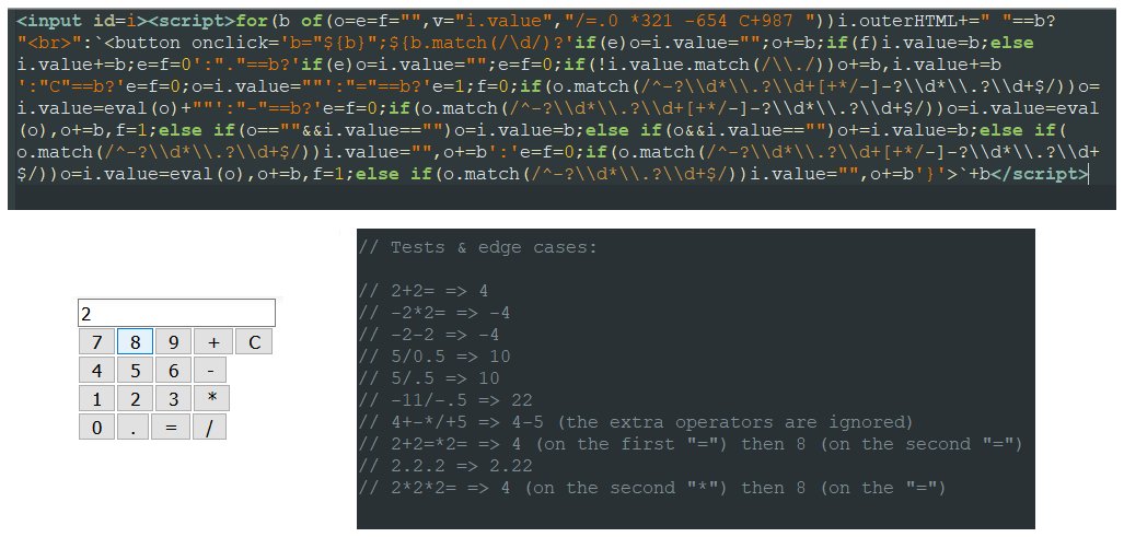MaximeEuziere's tweet photo. #codegolfctober day 10
@justecorruptio successfully golfed yesterday's calculaton in 197b!
In the meantime, I made a 770b calculator in HTML/JS but this time it supports every weird edge case!
Demo: https://t.co/0BpY9ToZWx
@Xen_the @subzey @aemkei @p01, let's golf it? https://t.co/2KF1HS6pT0
