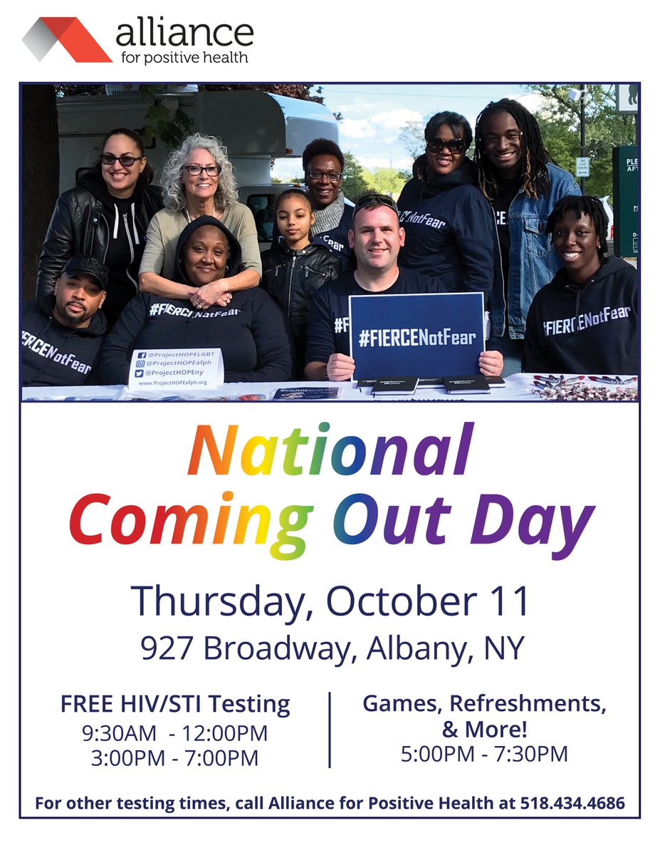 AllianceLGBTQ's tweet photo. Be #FIERCENotFear and celebrate #NationalComingOutDay tomorrow at Alliance for Positive Health! 🌈
@AllianceFPH #Albany #NCOD #NCOD2018 #ComingOutDay #LGBT #LGBTQ #AlbanyNY #UpstateNY #AFPH https://t.co/aYHVD0AC2C